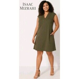 ISAAC MIZRAHI LIVE!  Womens L Crossover V-Neck Cotton Dress Olive Green A286121